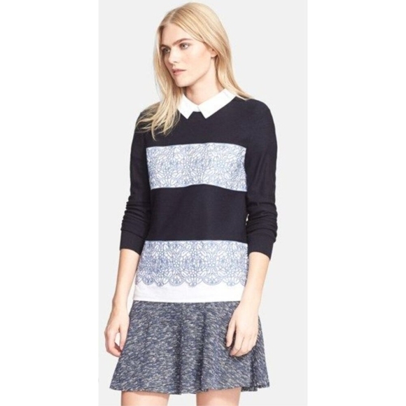 Tory Burch  Navy Blue Wool Contrast Paneled Collared Sweater L - Picture 1 of 11